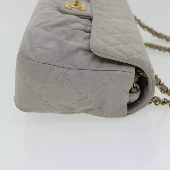 CHANEL Lamb Skin Matelasse Double Chain Shoulder Bag Gray CC Auth - Picture 5 of 16